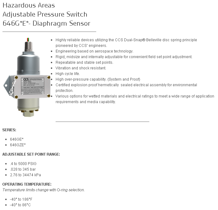 Adjustable pressure switch for hazardous atmosphere - Diaphragm Sensor